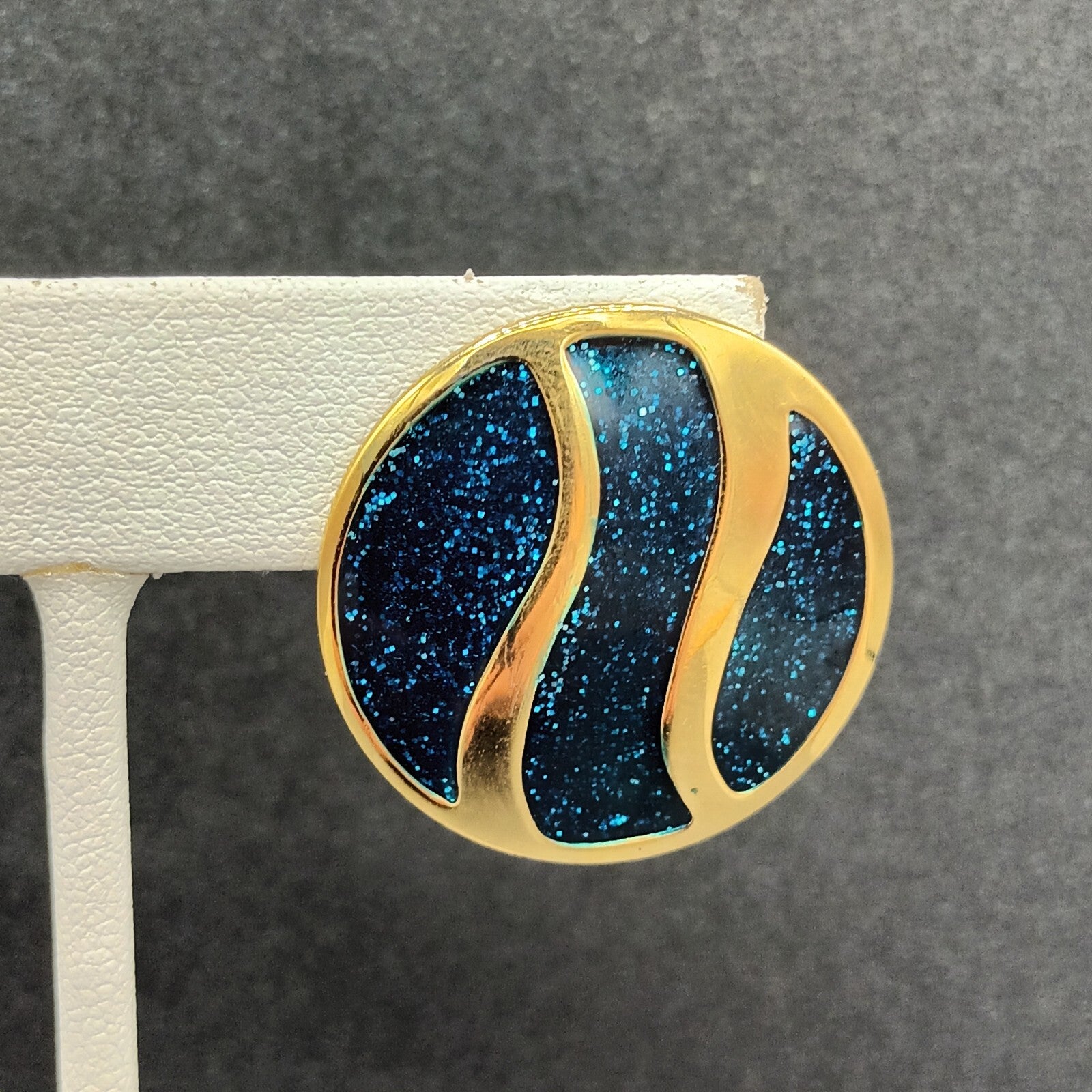 Vintage Pierced Earrings Polished Gold tone Blue Glitter Enamel Drop 1 1/8"