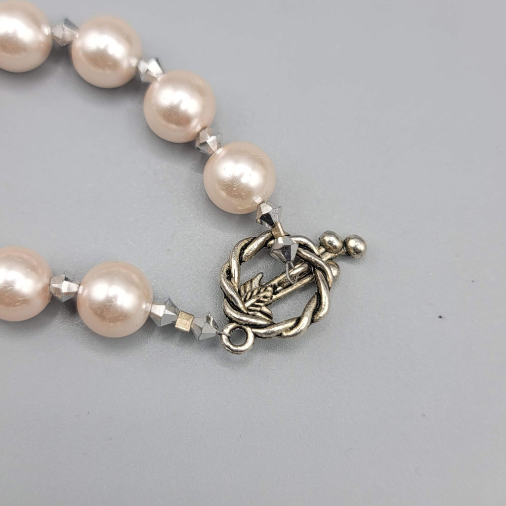 Pink Stone Bead Necklace Faux Pearl Silver tone Toggle Closure 18"