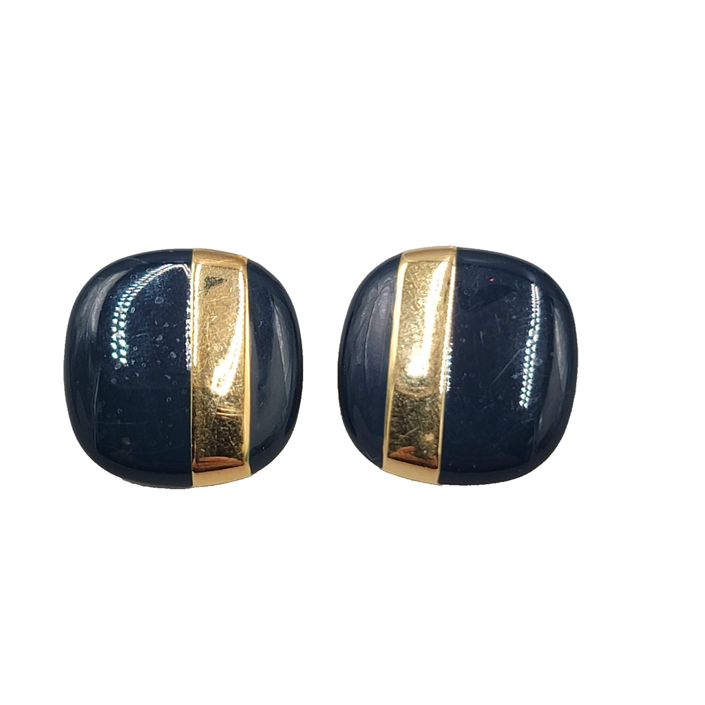 Vintage Monet Pierced Earrings Dark Navy Blue Enamel Gold Plated Square Drop 1"