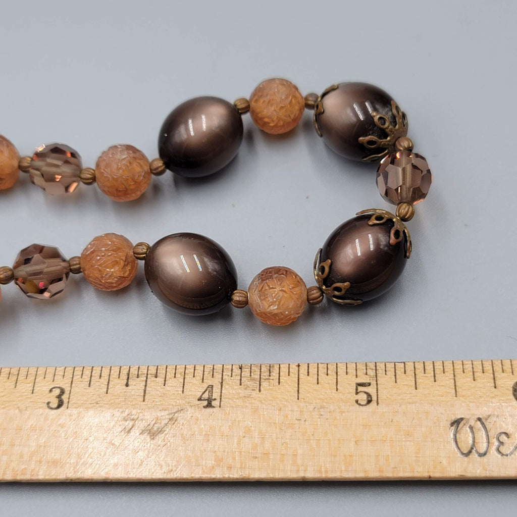 Vintage Lisner Necklace Brown Moon Glow Molded Beads Estate Jewelry 13"-16"