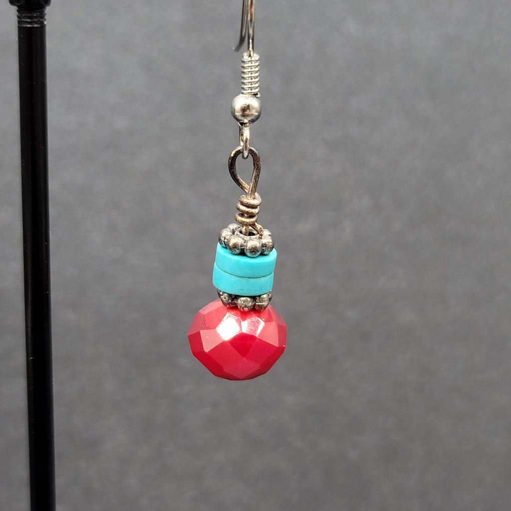 Pierced Earrings Silver tone Red Stone Turquoise Stone Beads Dangle  7/8"