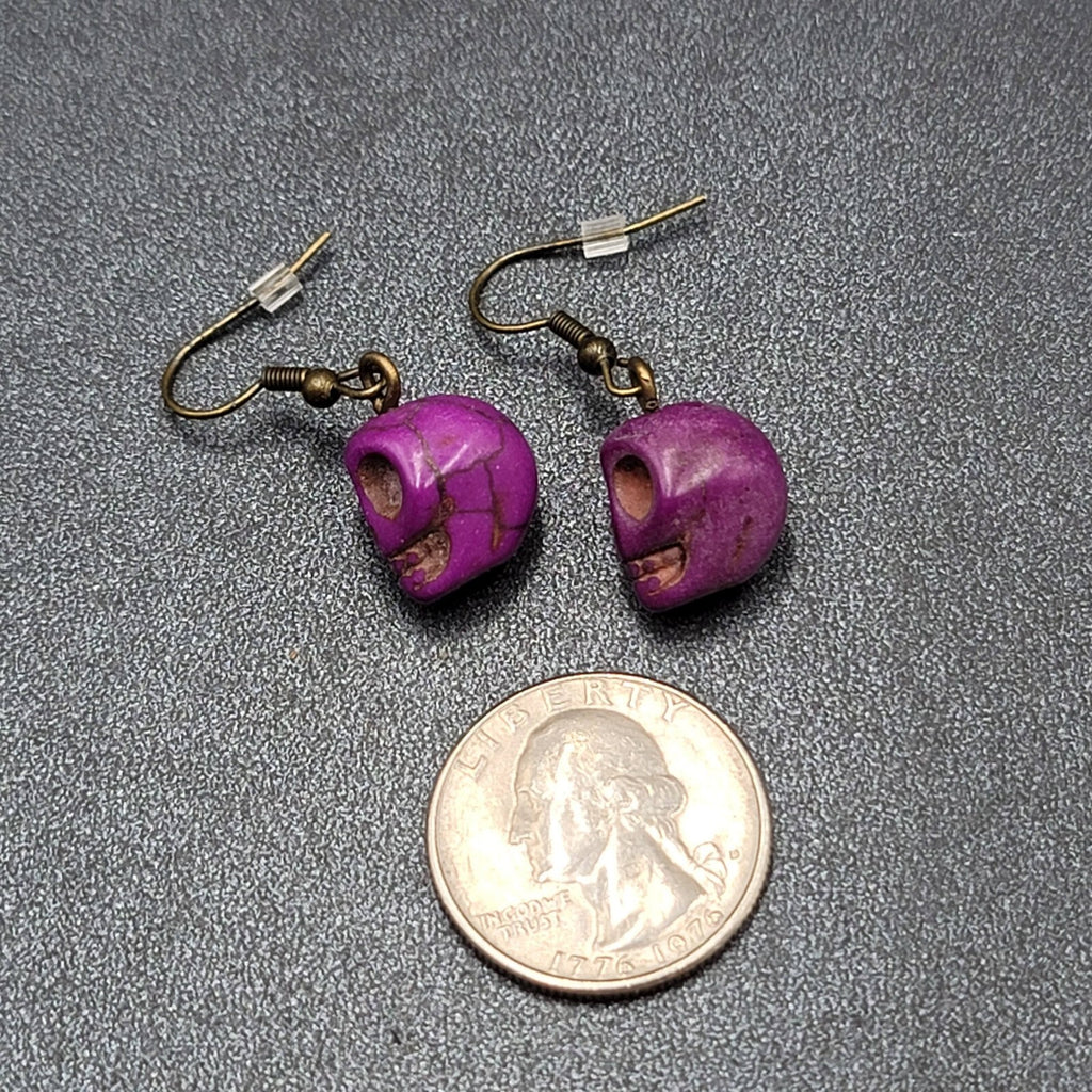 Skull Pierced Earrings Purple Howlite Stone Bead Dangle 3/4"