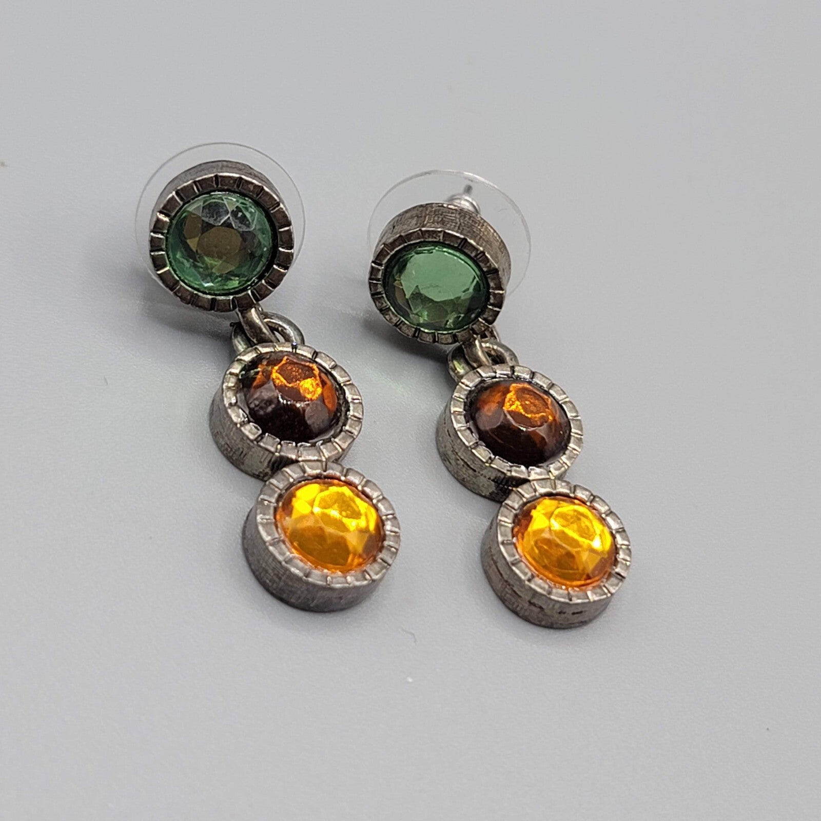 Pierced Earrings Silver tone Multicolor Rhinestones Round Dangle 1.25"