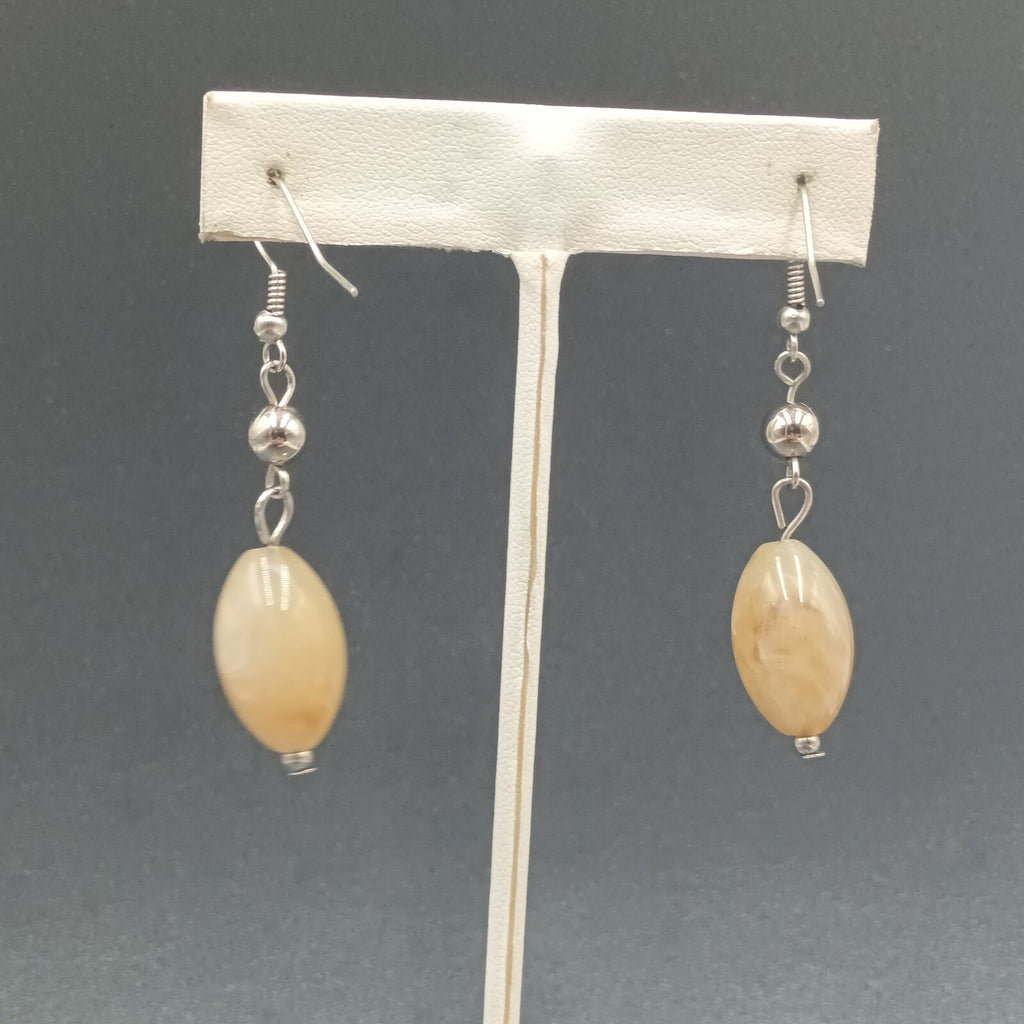 Pierced Earrings Silver tone Tan Swirl Acrylic Bead Dangle 1.5"