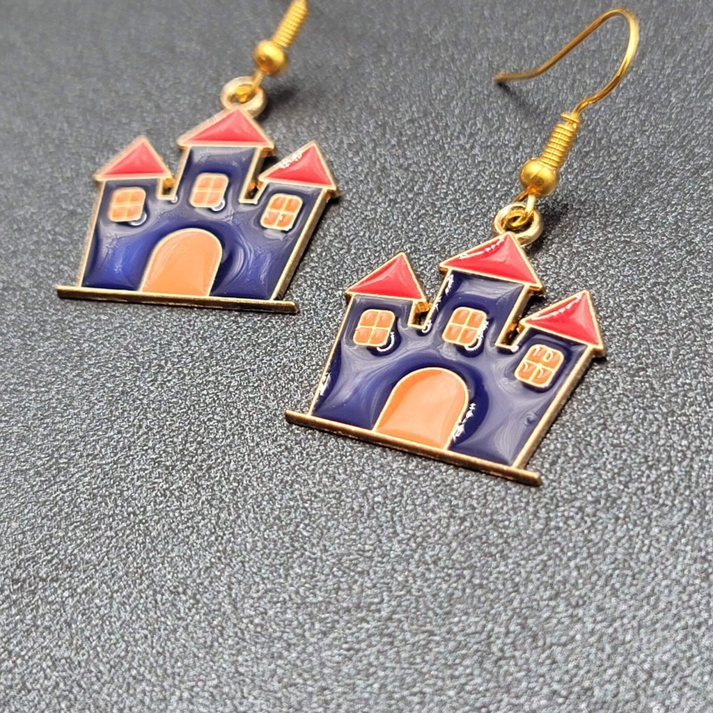 Purple Haunted House Halloween Pierced Earrings Gold tone Enamel Dangle 1"