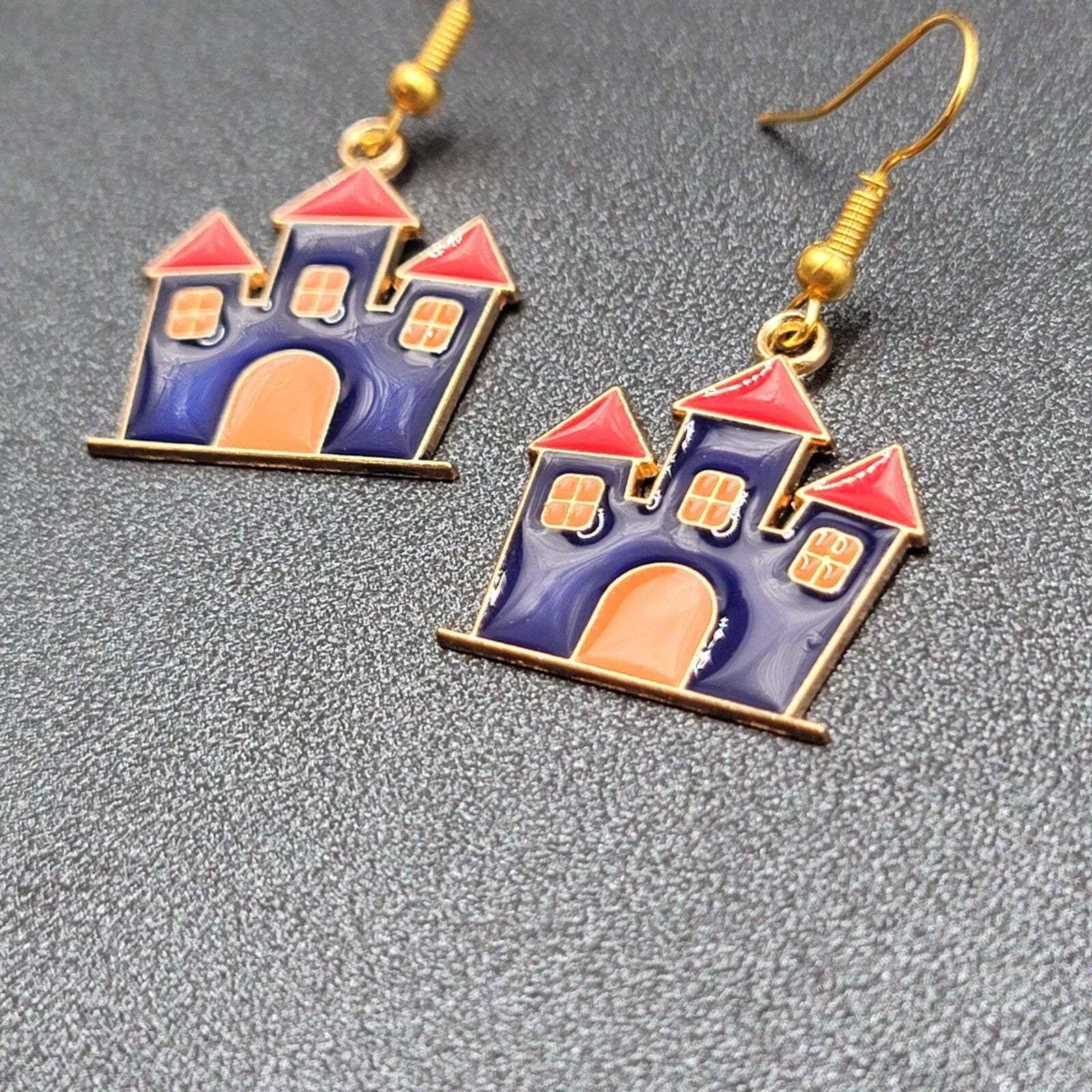 Purple Haunted House Halloween Pierced Earrings Gold tone Enamel Dangle 1"