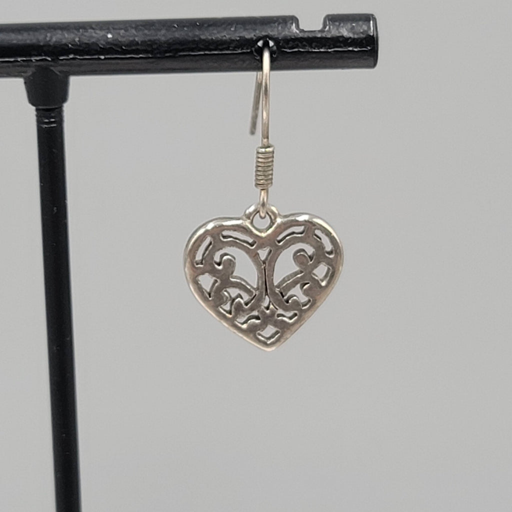 Heart Pierced Earrings Small Filigree Silver tone Dangle 1/2"