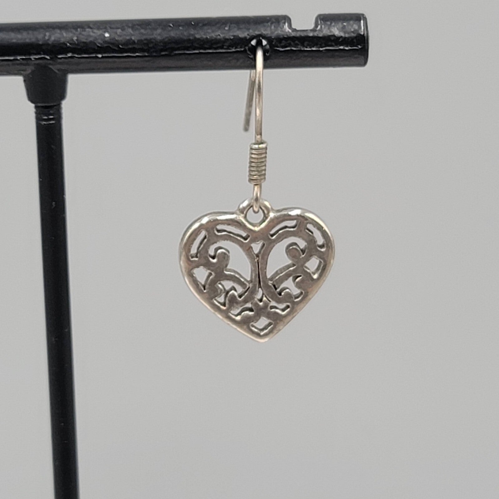 Heart Pierced Earrings Small Filigree Silver tone Dangle 1/2"