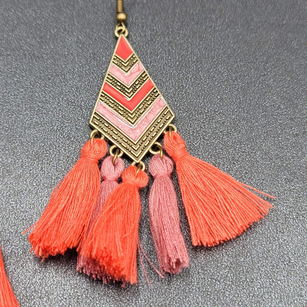 New Boho Pierced Earrings Antiqued Gold tone Enamel Orange Purple Tassel 3"