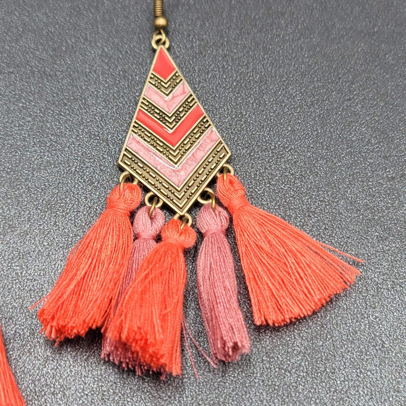 New Boho Pierced Earrings Antiqued Gold tone Enamel Orange Purple Tassel 3"
