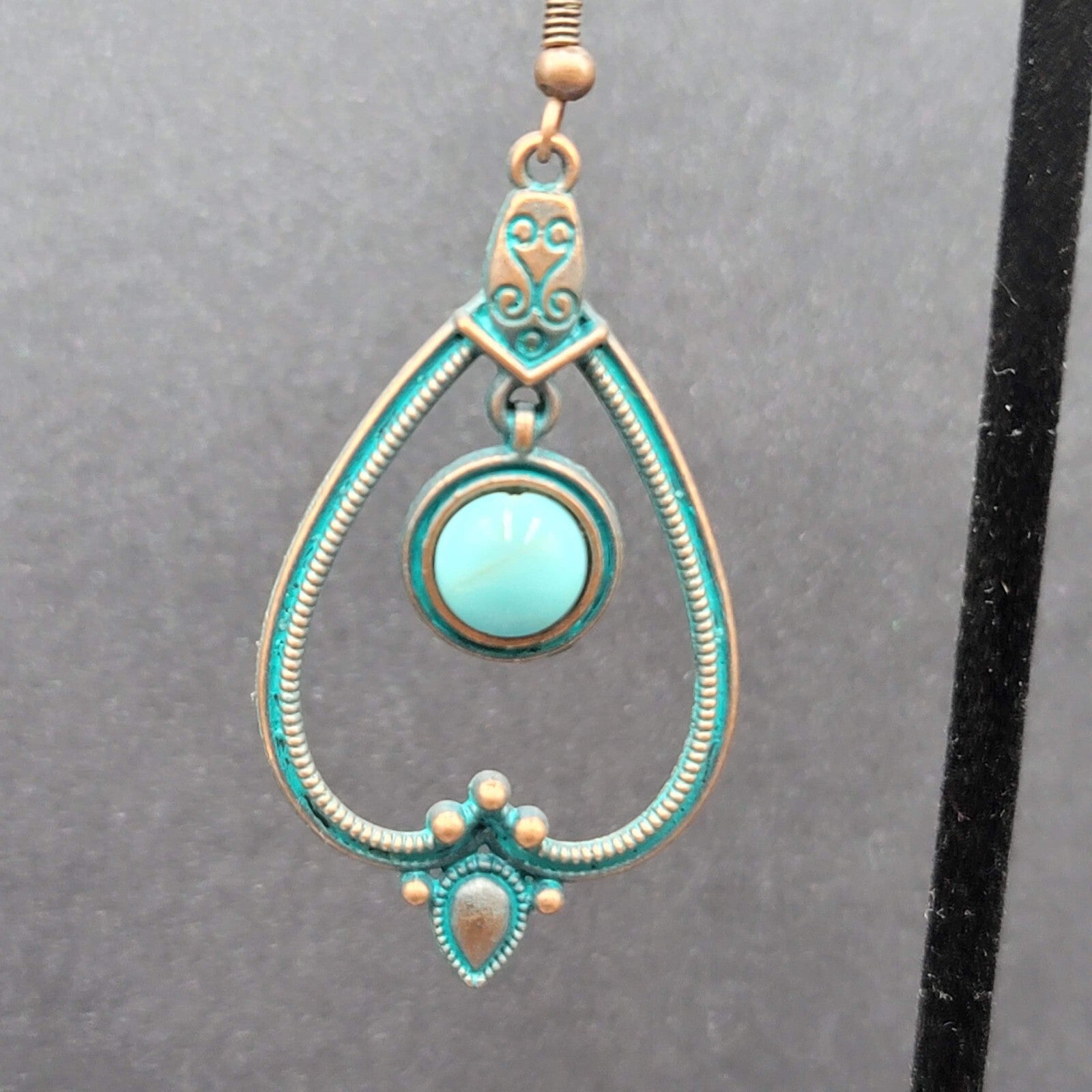 New Boho Pierced Earrings Copper tone Green Enamel Faux Turquoise Dangle 1.75"