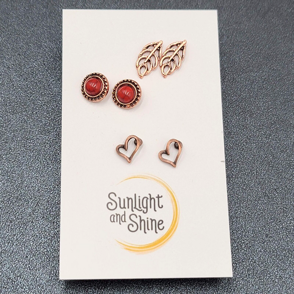 Pierced Earrings Copper tone Studs Open Heart Leaf Red Accent