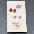 Pierced Earrings Copper tone Studs Open Heart Leaf Red Accent