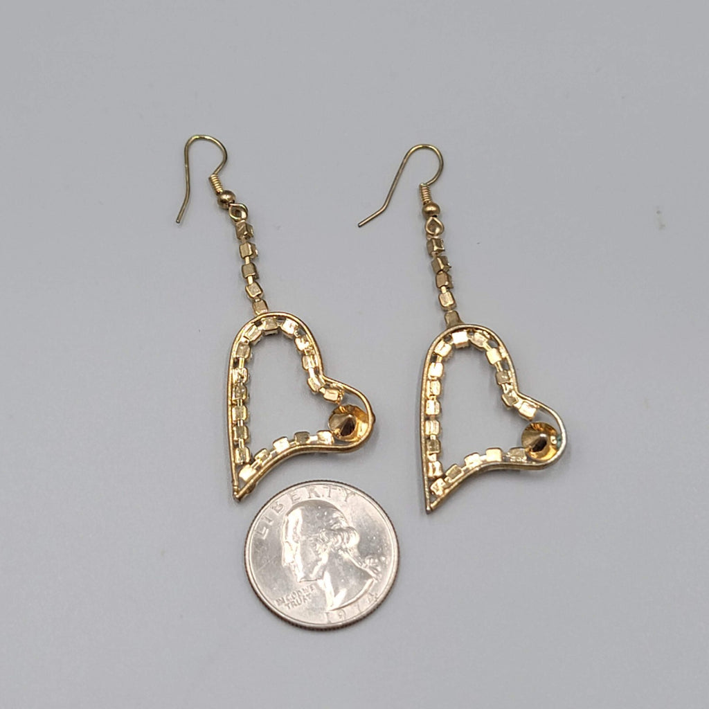 Dangle Heart Pierced Earrings Gold tone Rhinestone 2"