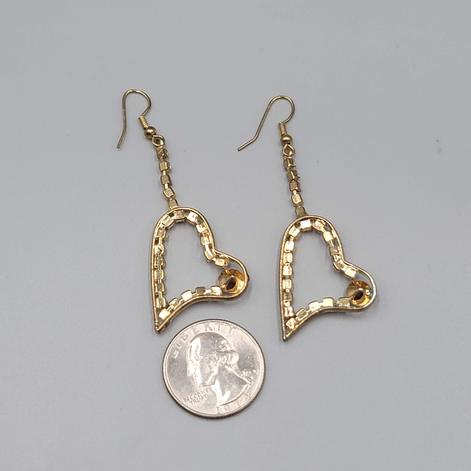 Dangle Heart Pierced Earrings Gold tone Rhinestone 2"