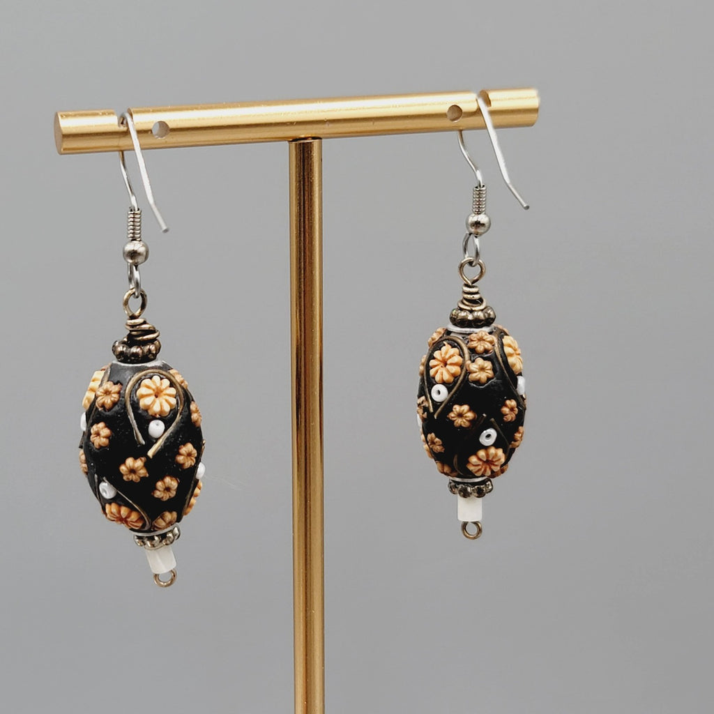 Handmade Floral Bead Pierced Earrings Boho Statement Dangle Silver tone 1.5"