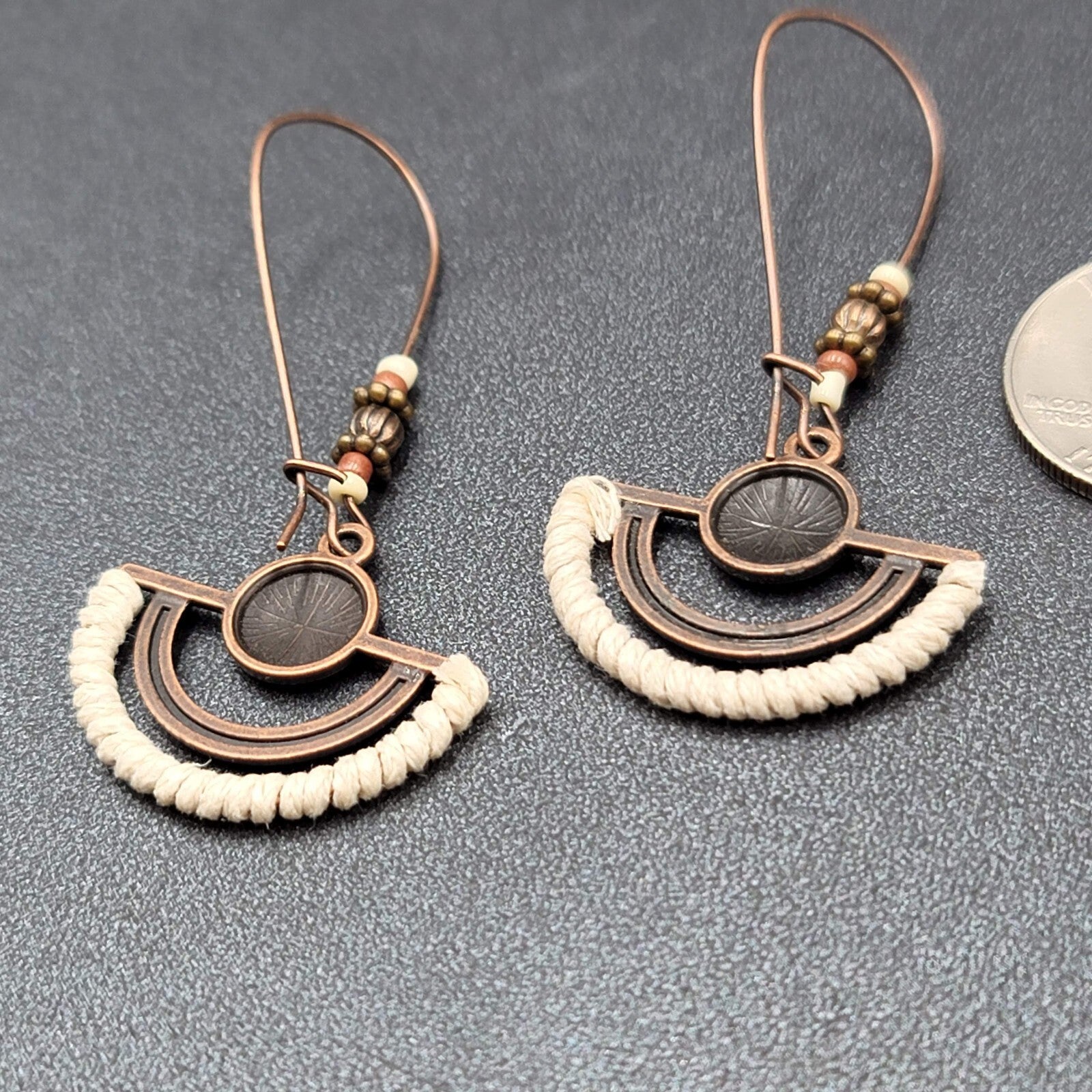 New Boho Pierced Earrings Copper tone Beaded White Dangle Large Hook 2.25"