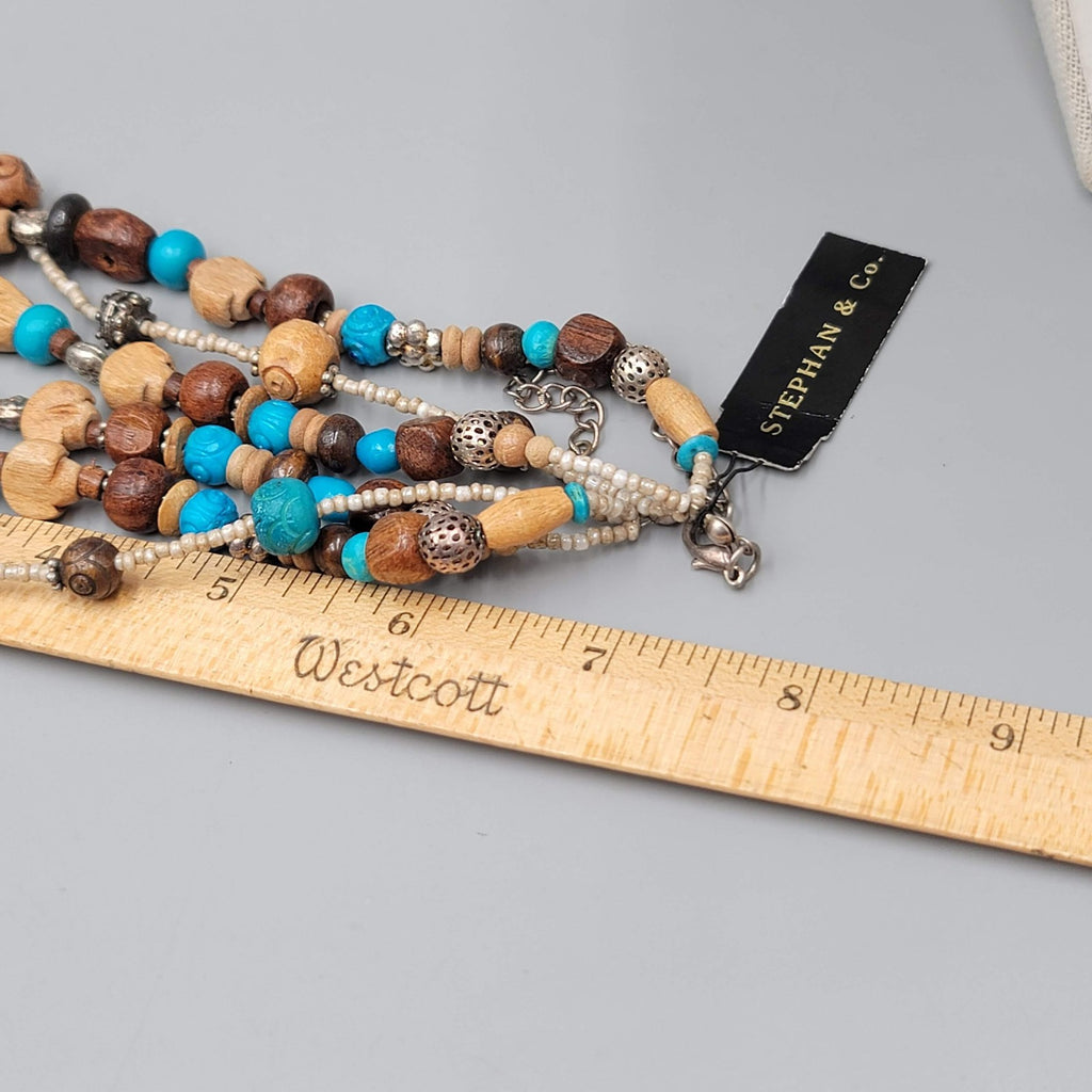 Stephan & Co Multi Strand Wooden Bead Necklace Silver Tone Boho Layered 18 Inch