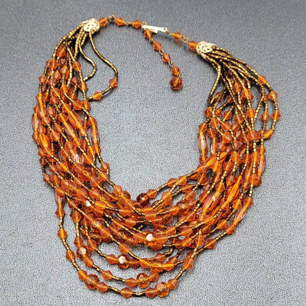Vtg Japan Orange Glass Beaded Gold Tone Filigree 13 Strand Necklace 13.5"-16"