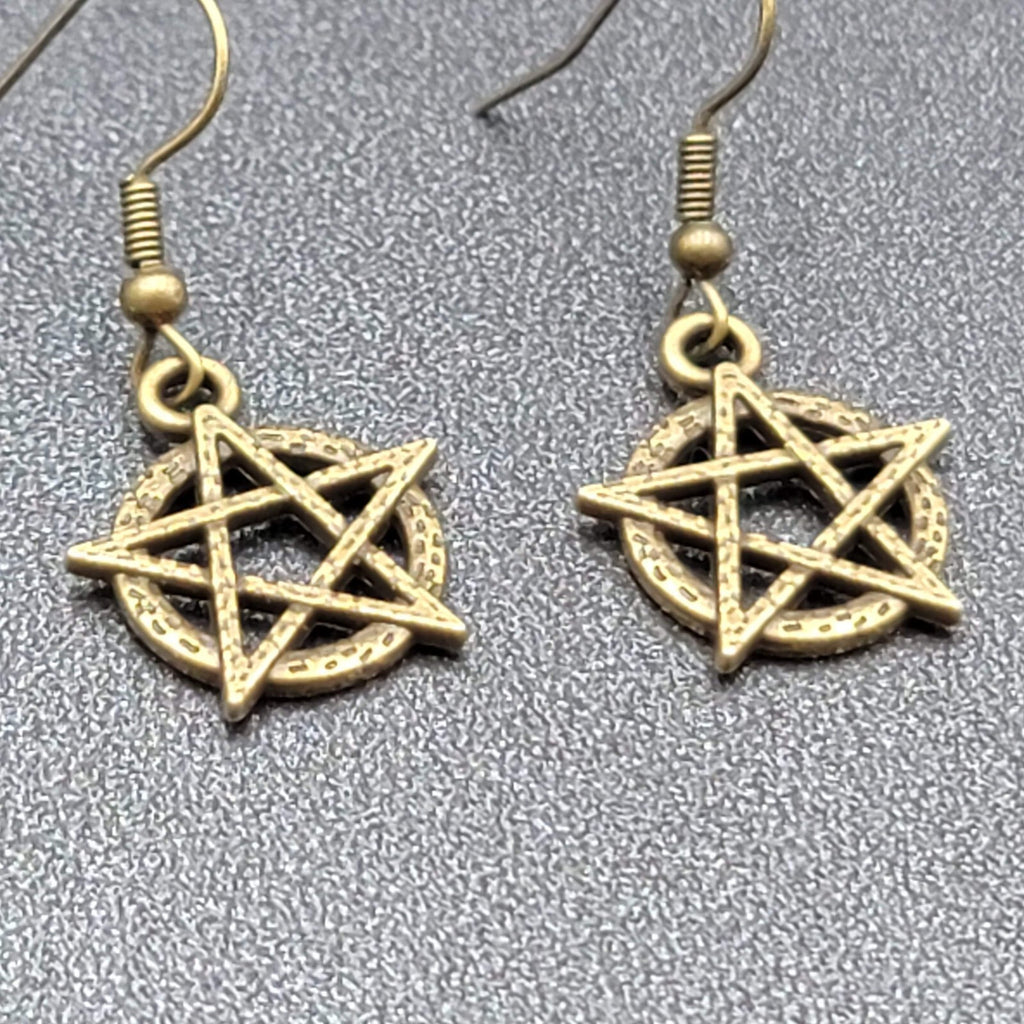 New Pentagram Circle Pierced Earrings Bronze tone Dangle 3/4"