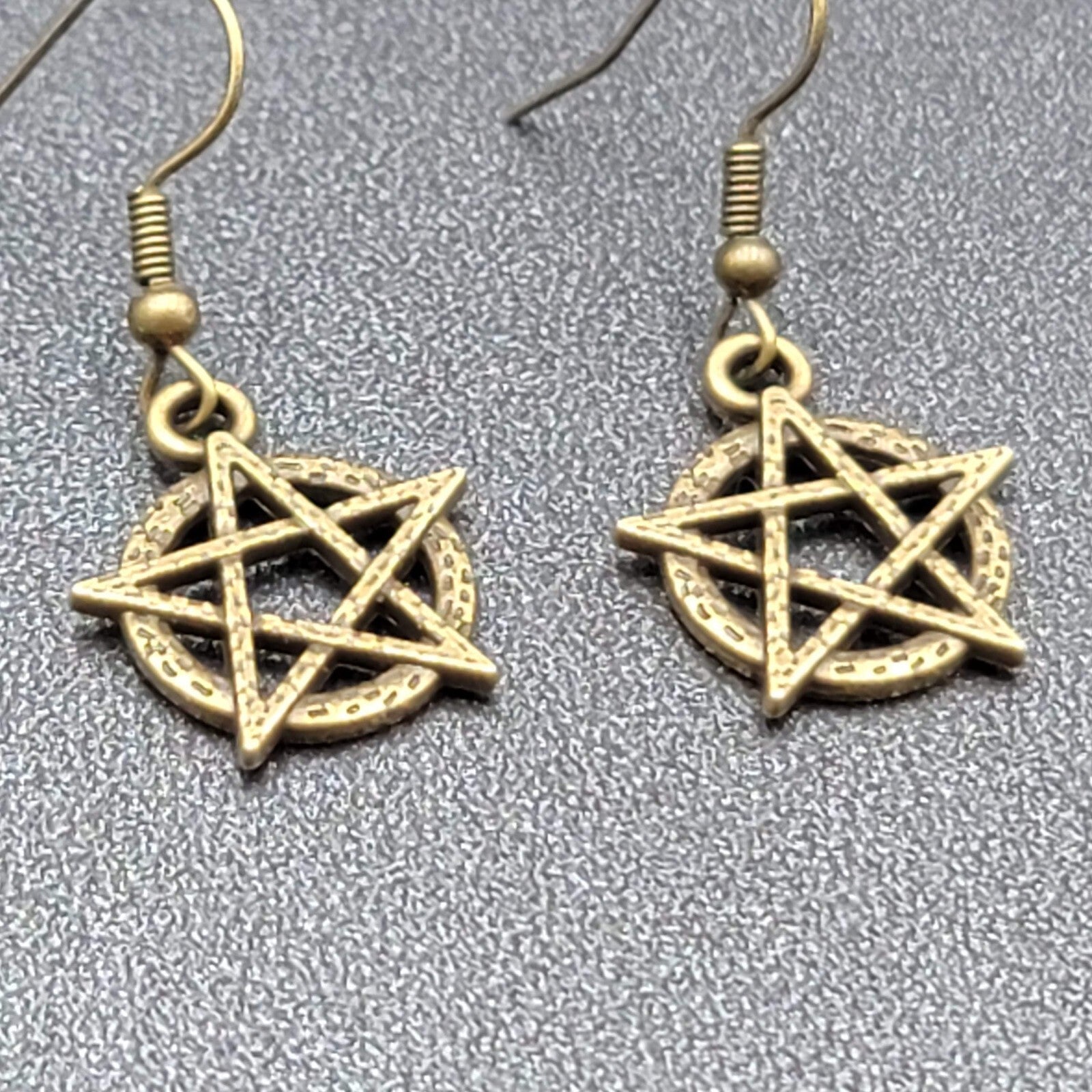 New Pentagram Circle Pierced Earrings Bronze tone Dangle 3/4"