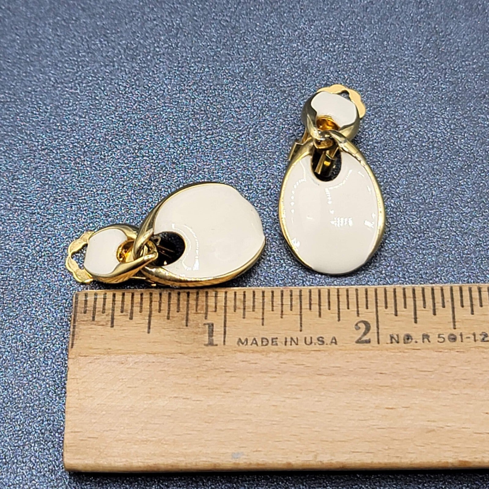 Vintage Clip on Earrings Gold Plate White Enamel Dangle 1.5"