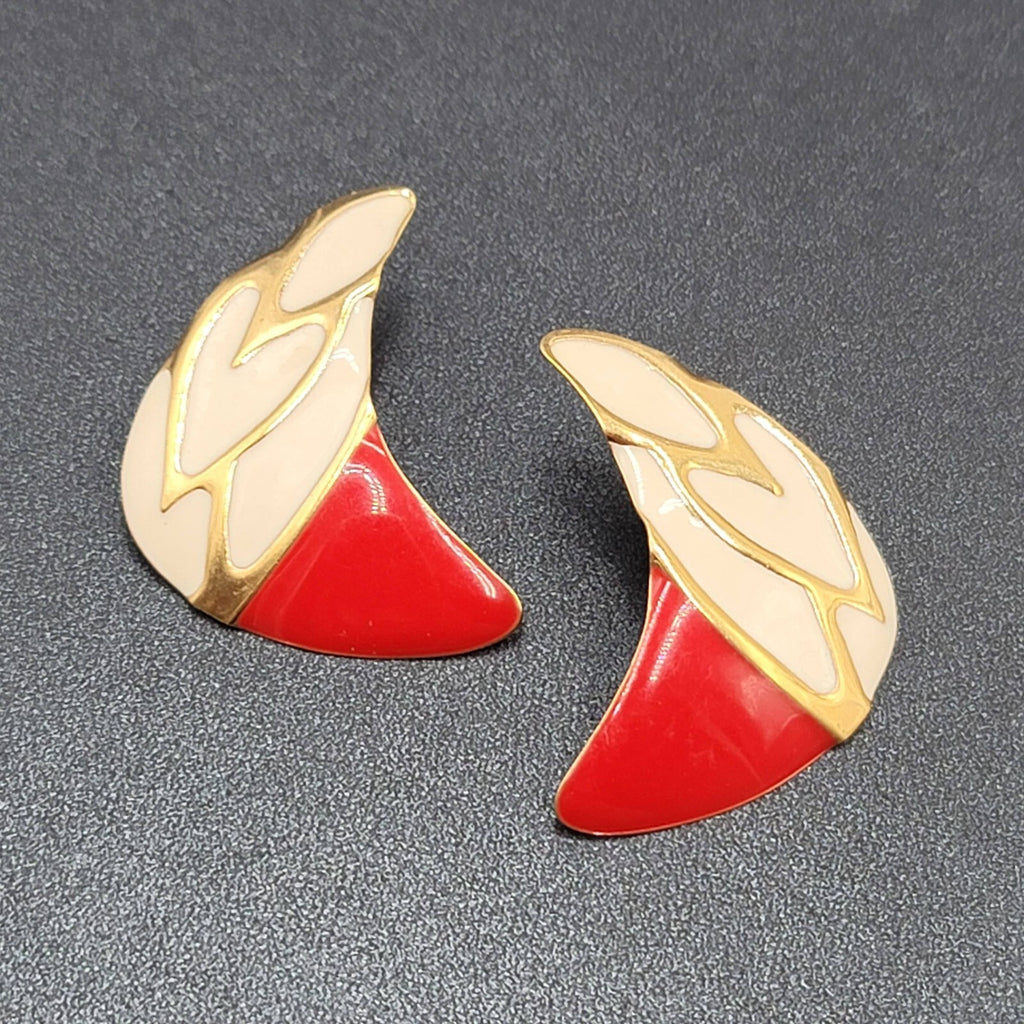 Vintage Pierced Earrings Large Red White Enamel Statement Gold tone 1.75"