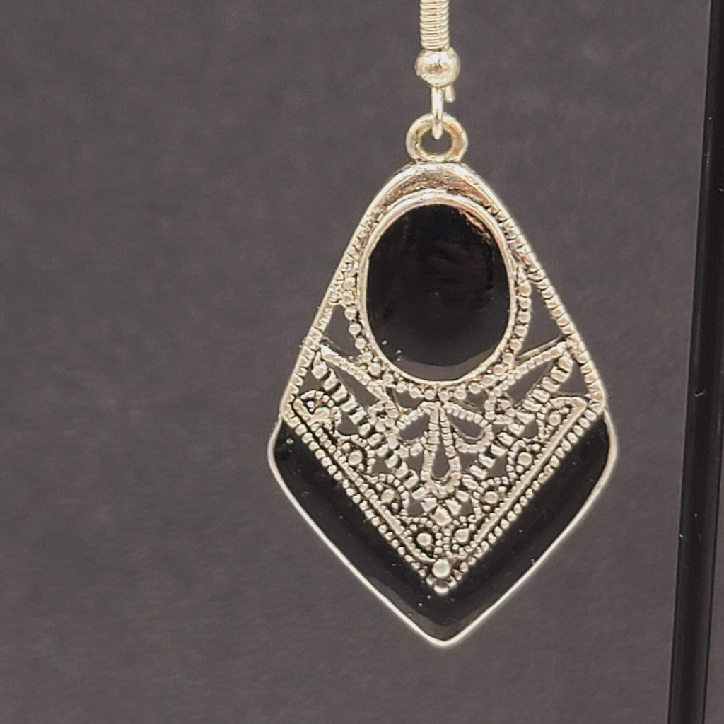 Pierced Earrings Silver tone Dangle Black Enamel Filigree 1.5"