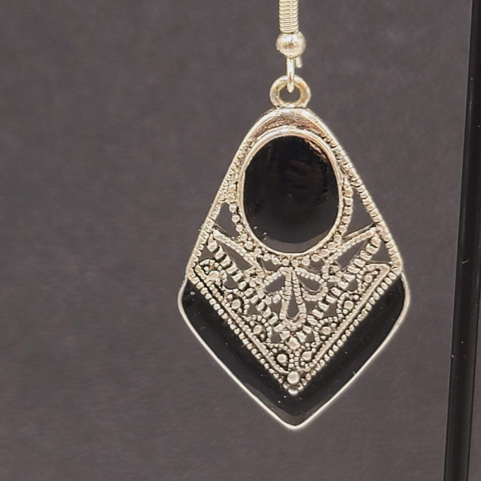 Pierced Earrings Silver tone Dangle Black Enamel Filigree 1.5"