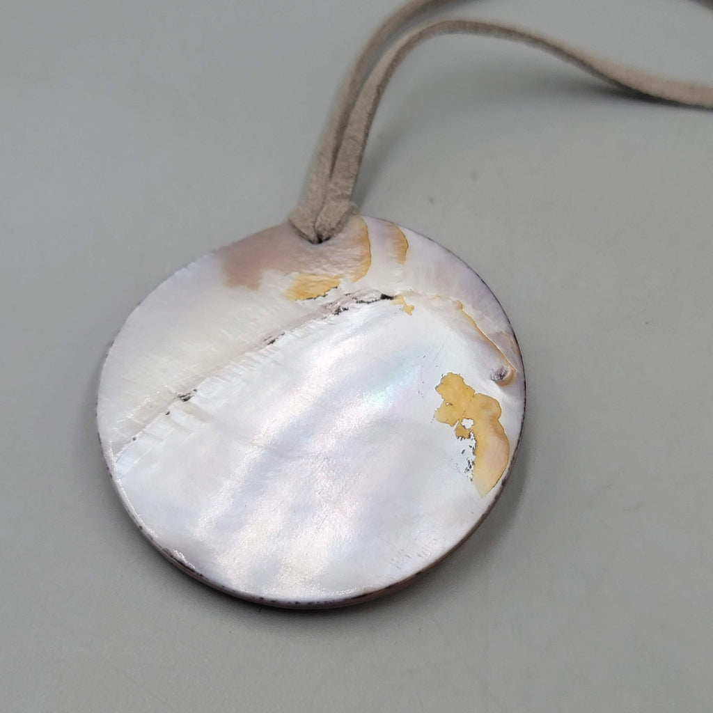 Round Shell Pendant Necklace Gray Leather Cord 16"