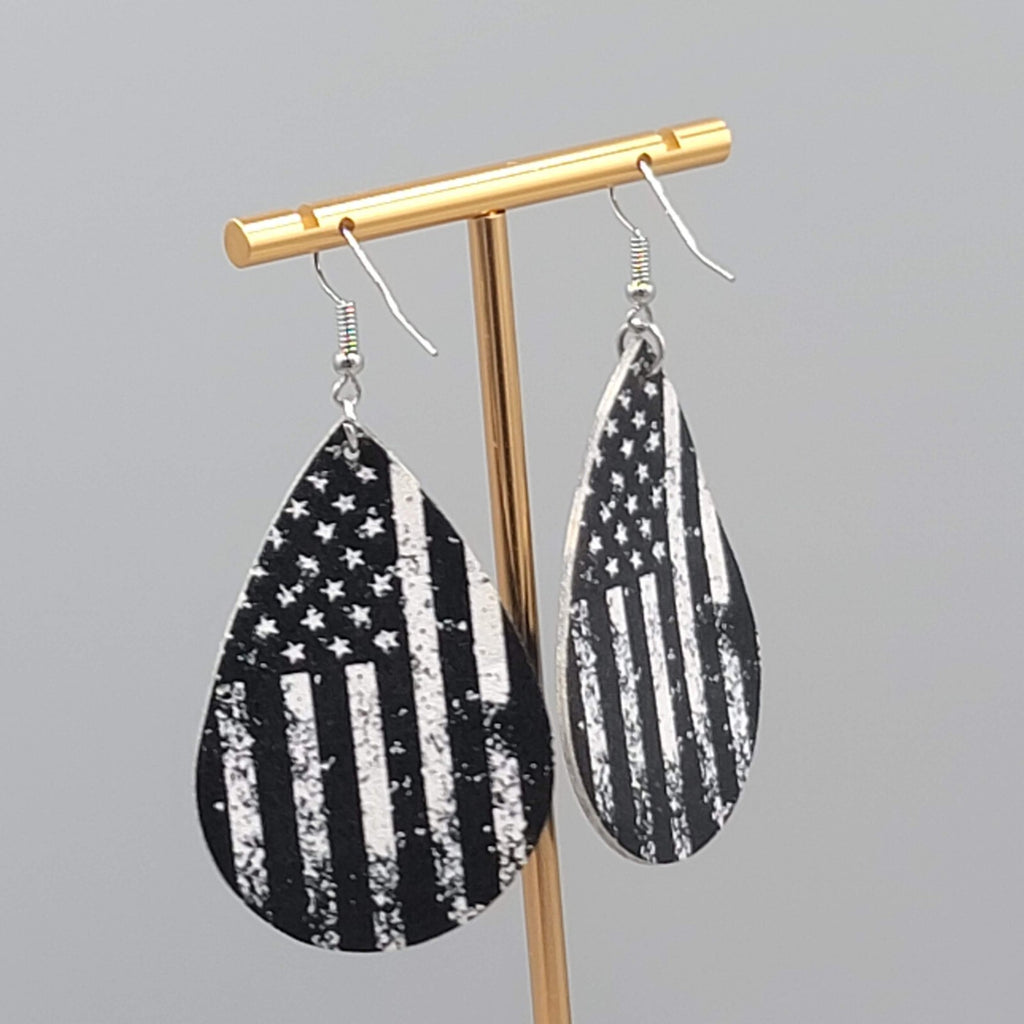 Black and White American Flag Pierced Earrings Teardrop Dangle 2.25"