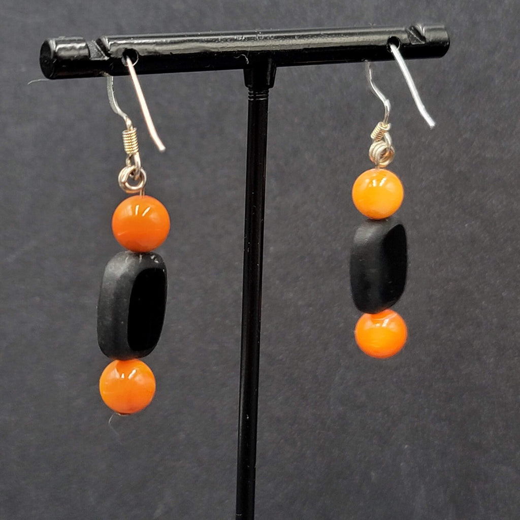 Halloween Pierced Earrings Black Orange Glass Bead Dangle 1.25"