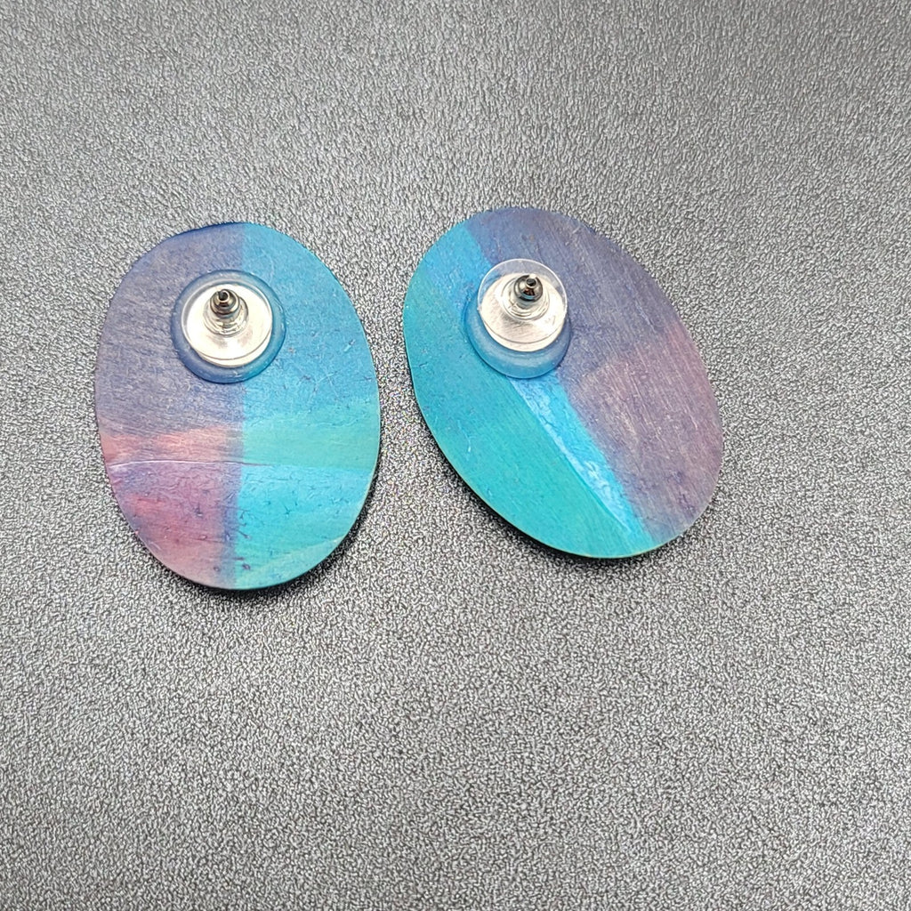 Pierced Earrings Blue Pink Purple Oval Wood Statement 1.25"