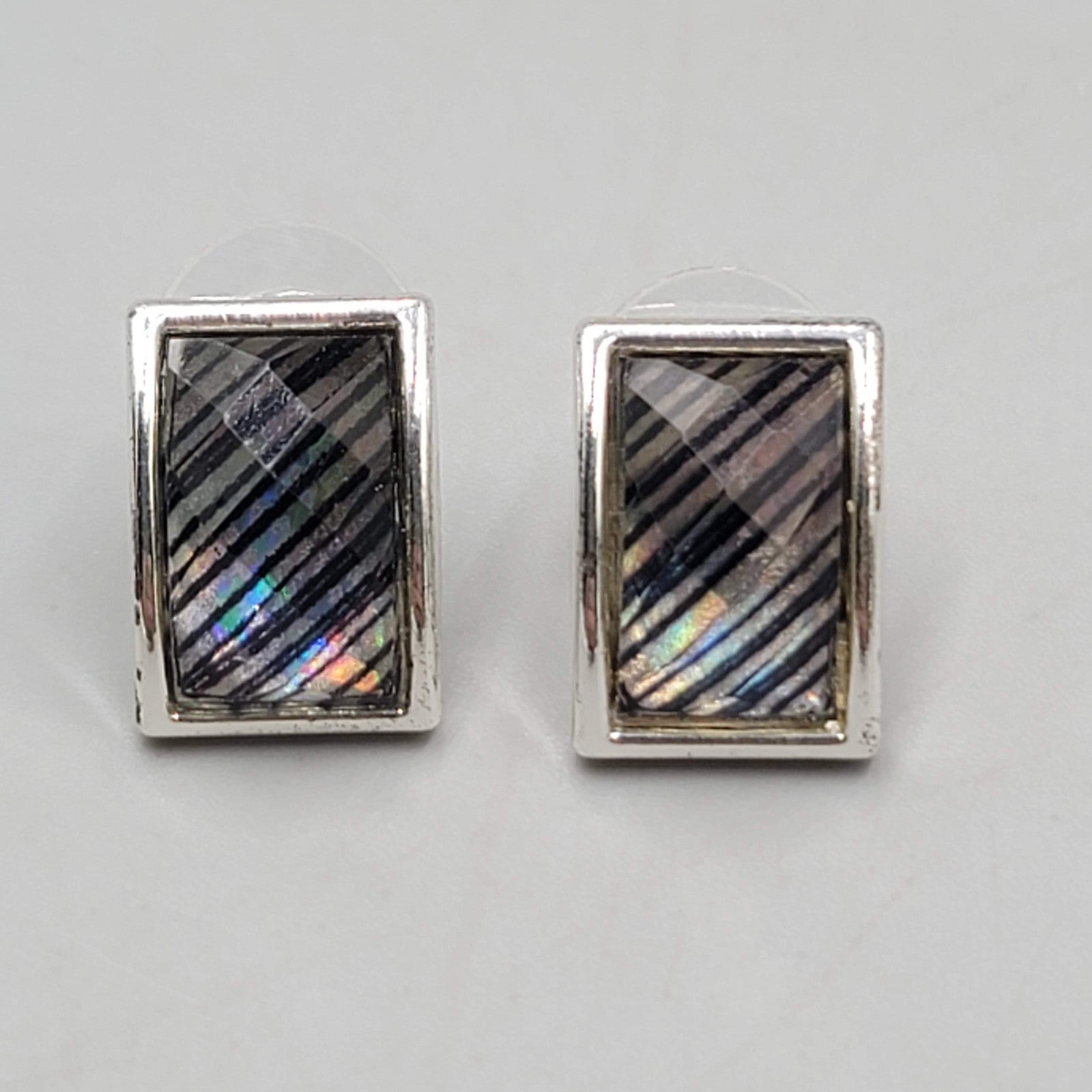 Silver  tone Drop Pierced Earrings Multicolor Striped Acrylic Rectangle 5/8"