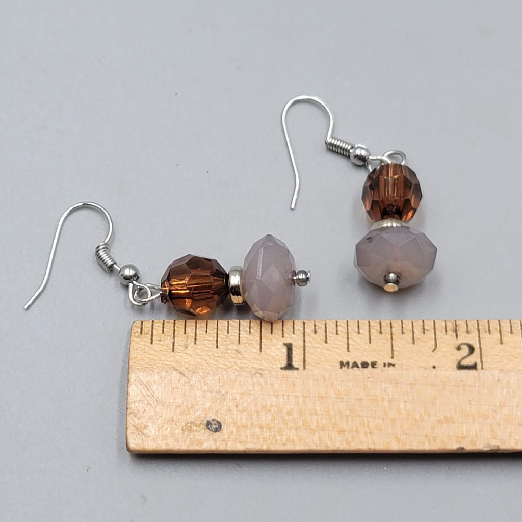 Brown Purple Faceted Glass Bead Pierced Earrings Silver tone Dangle  1 in