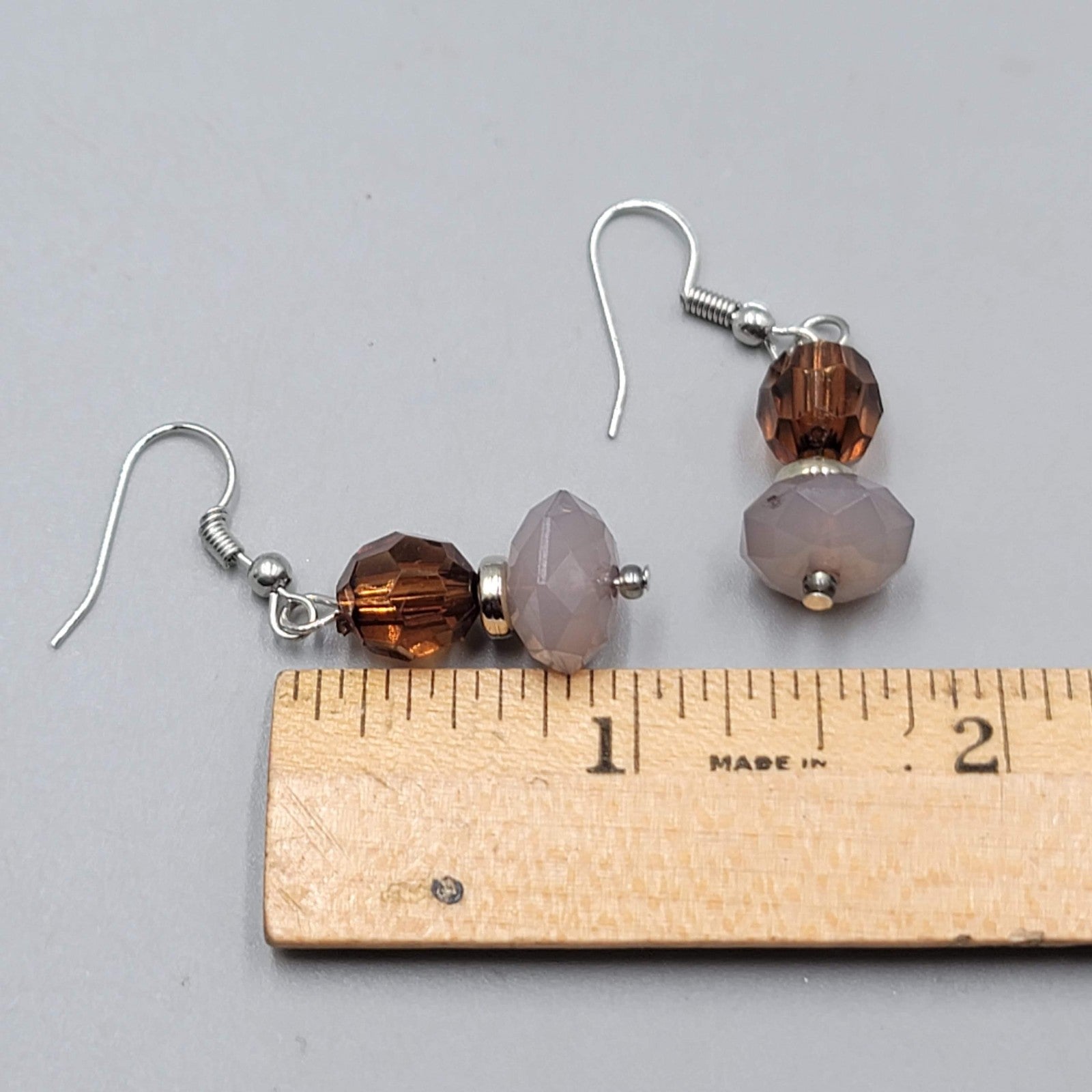 Brown Purple Faceted Glass Bead Pierced Earrings Silver tone Dangle  1 in
