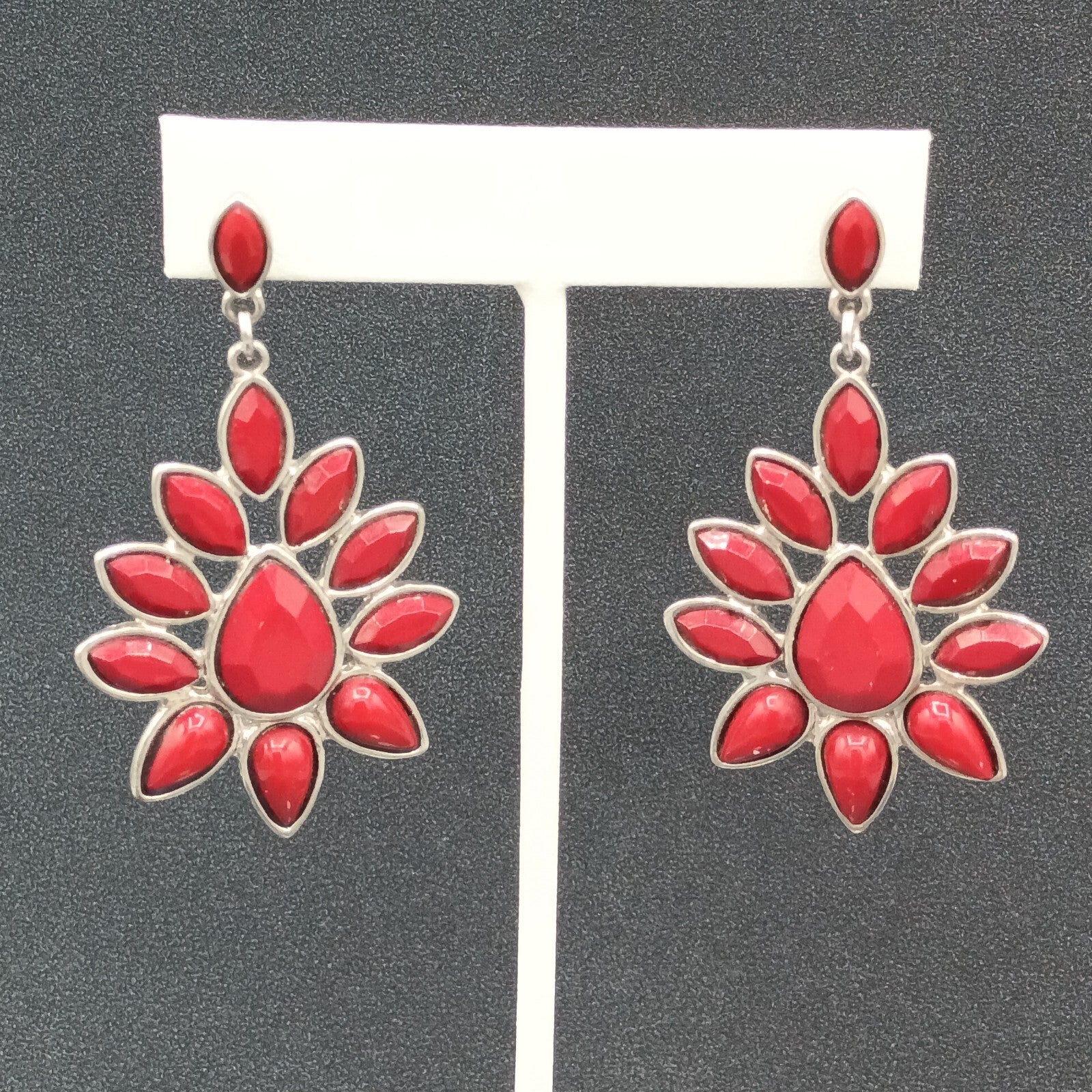 Pierced Earrings Silver tone Red Accent Chandelier Dangle 2.25"