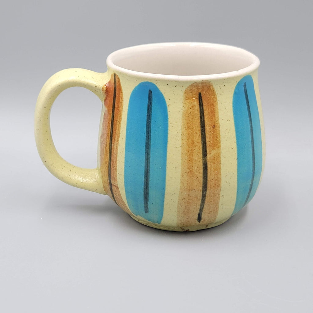Vintage Small Stoneware Coffee Mug Blue Yellow 8 oz