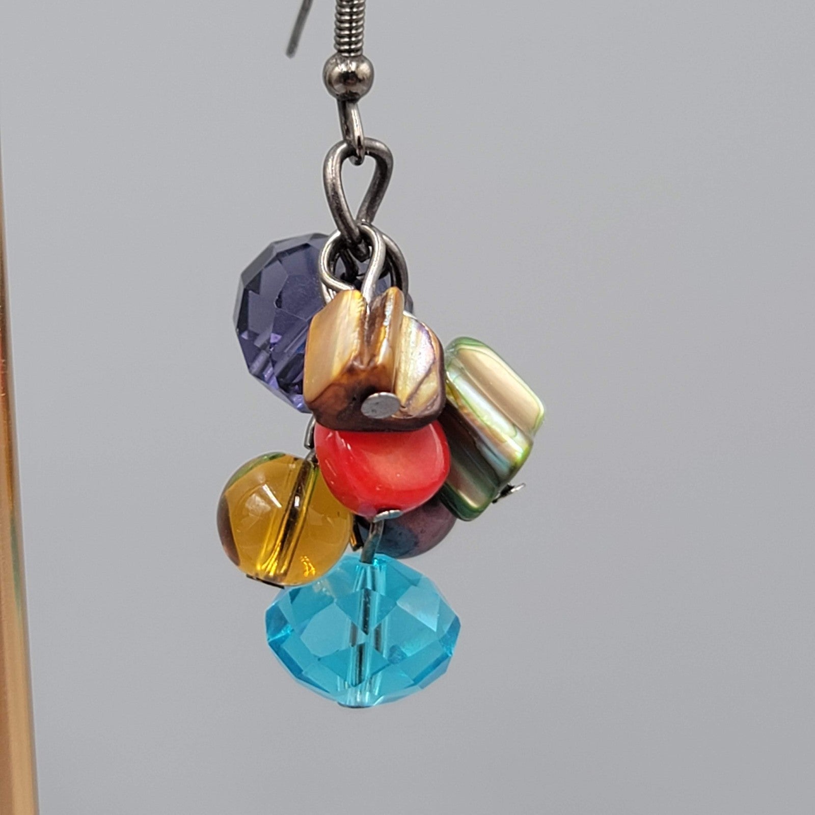 Multicolor Shell and Glass Bead Pierced Earrings Dangle 1.5 in