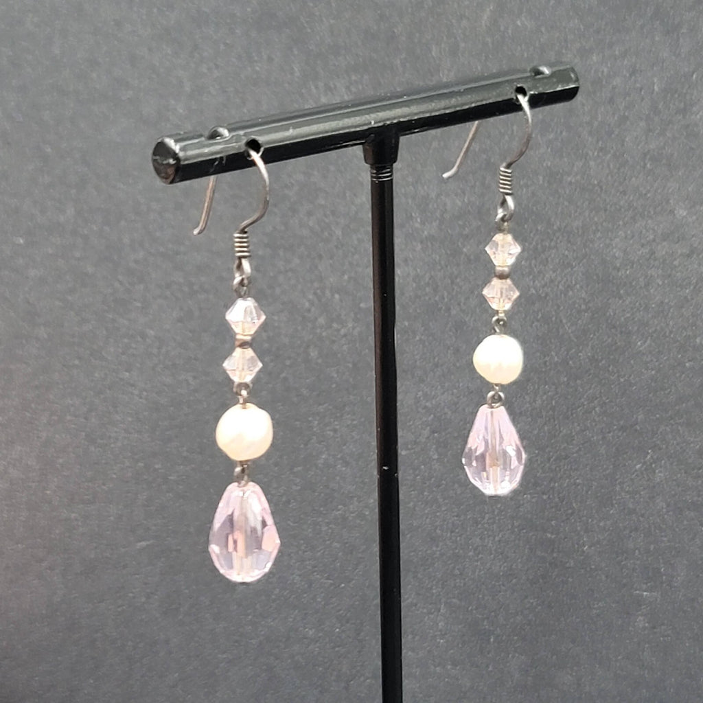 Pierced Earrings Silver tone Pink Crystal Teardrop Bead Pearl Bead 1 3/8"