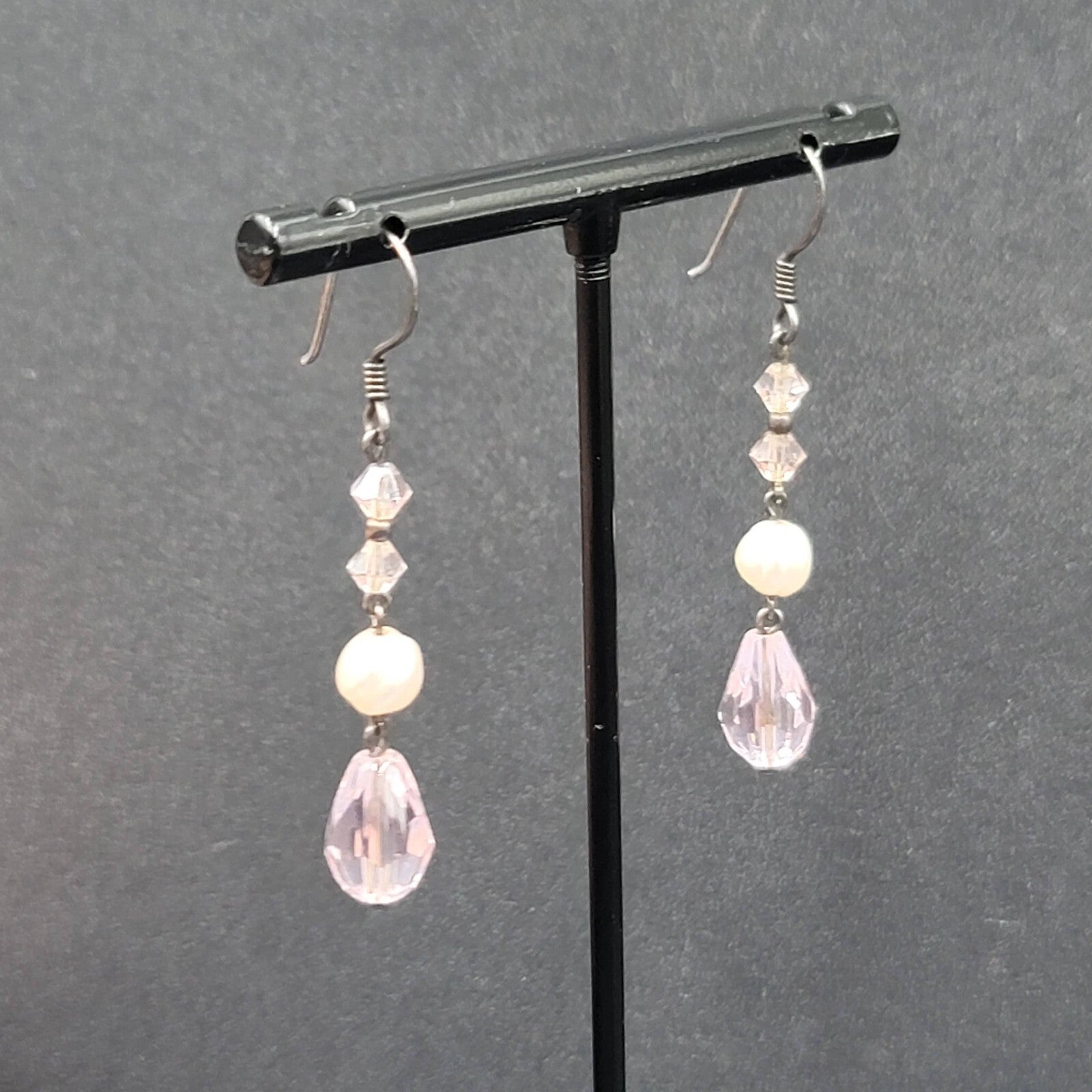 Pierced Earrings Silver tone Pink Crystal Teardrop Bead Pearl Bead 1 3/8"