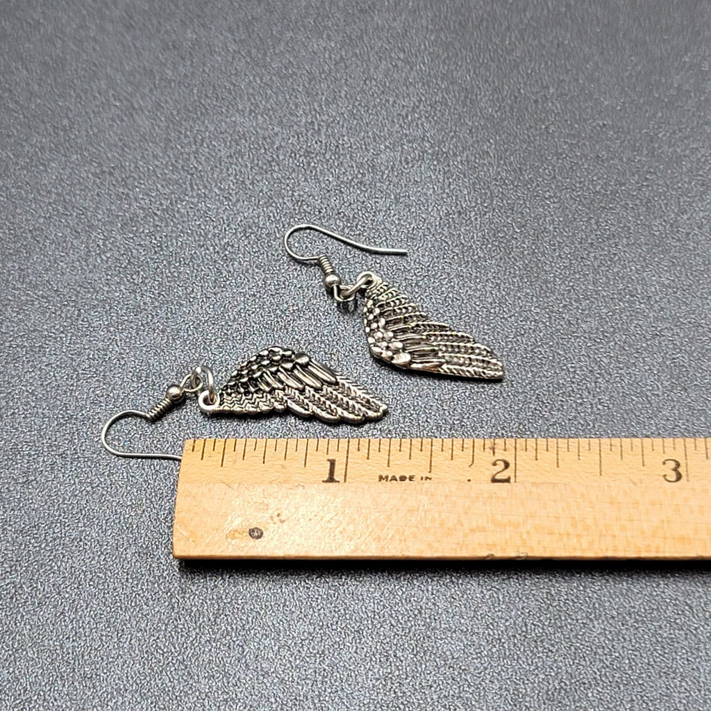 Pierced Earrings Silver tone Detailed Wings Dangle 1 1/8"