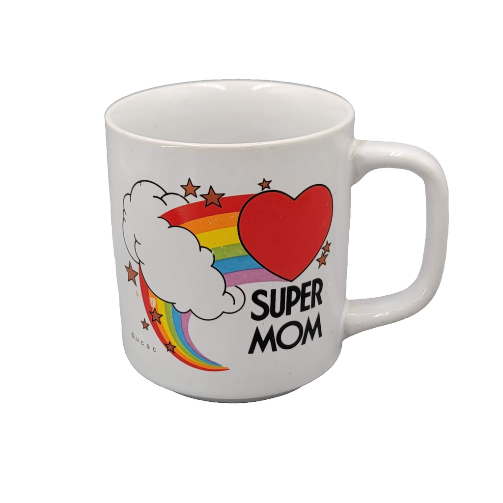 Vintage Super Mom Rainbow Heart Stars Coffee Mug Cup Ceramic White Gift Retro