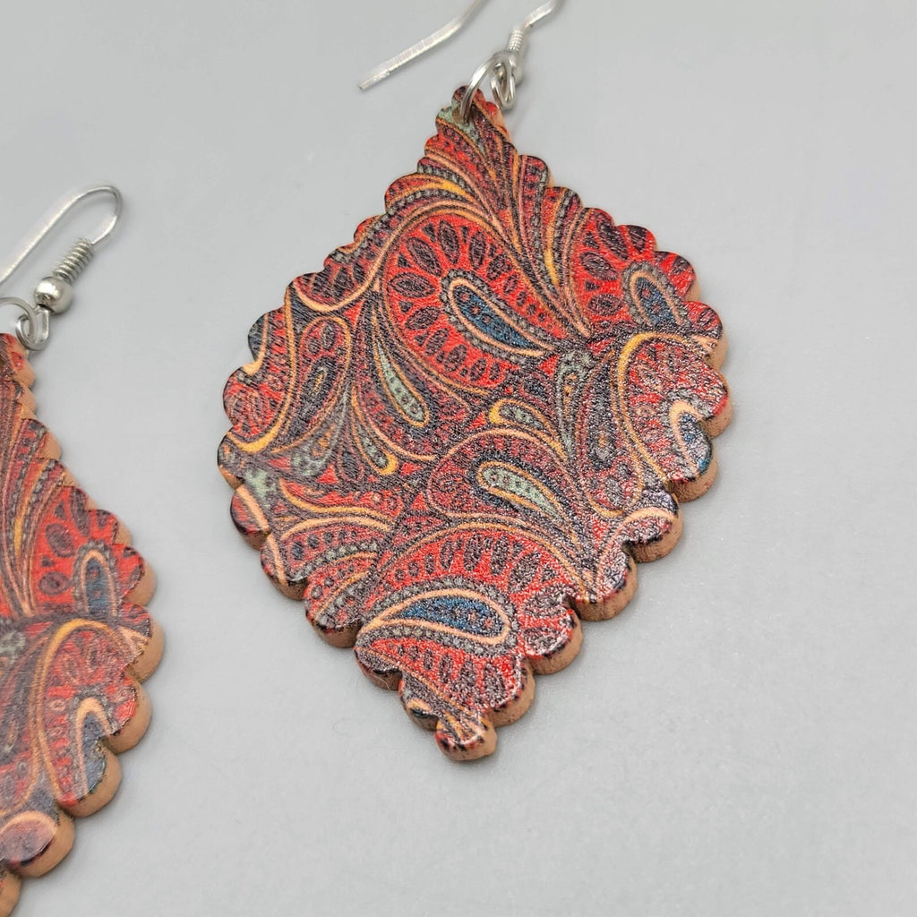 Wood Pierced Earrings Paisley Dangle 2.25"