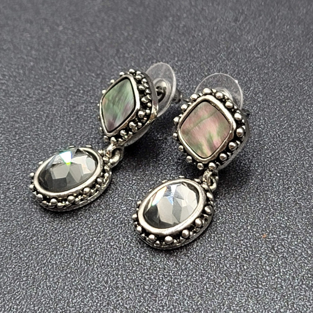 Pierced Earrings Silver tone Abalone Inlay Faceted Glass Dangle 1.25"