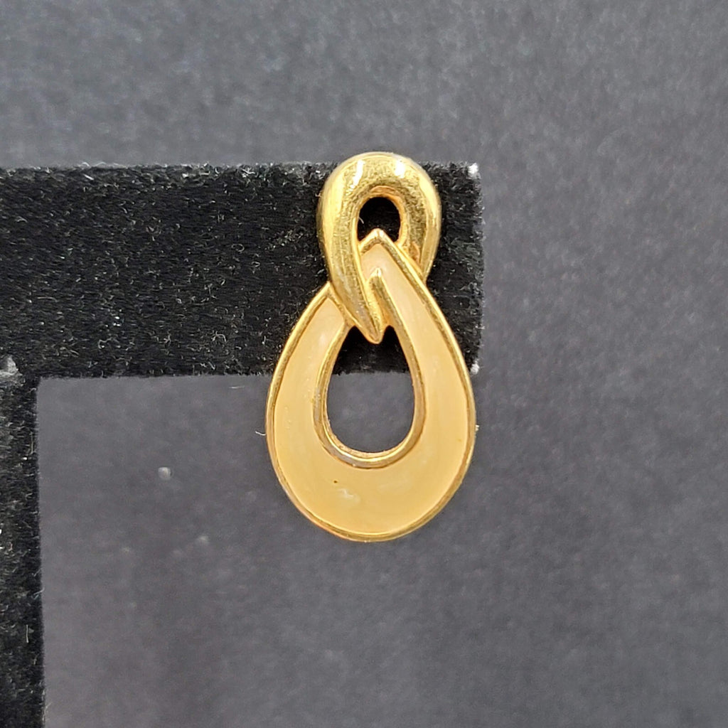 Vintage Pierced Earrings Gold Plated Cream Enamel Drop 1"