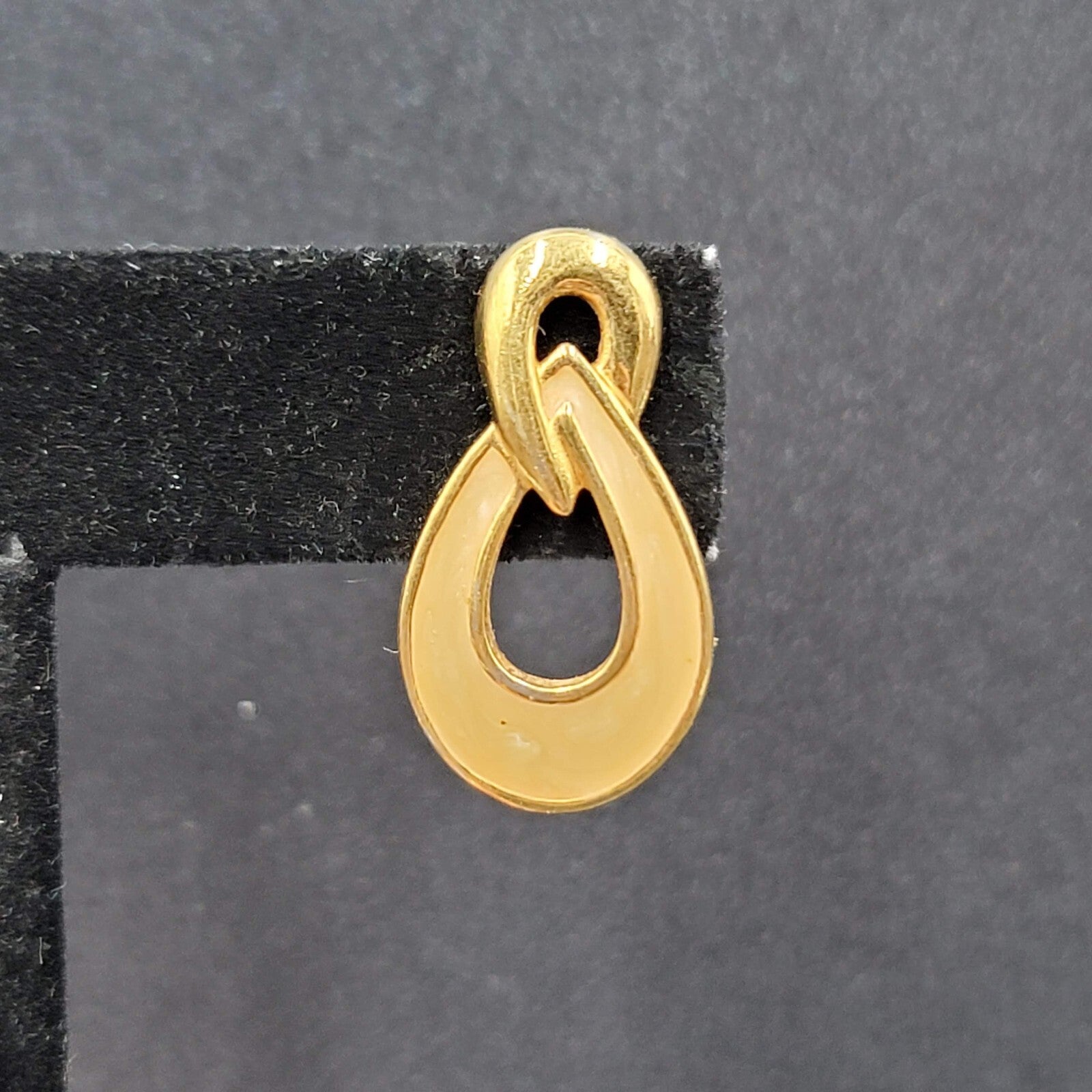 Vintage Pierced Earrings Gold Plated Cream Enamel Drop 1"