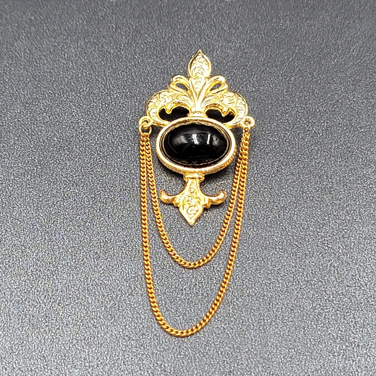 Vintage Bergere Black Cabochon and Gold Tone Brooch with Chain Swag Retro Estate