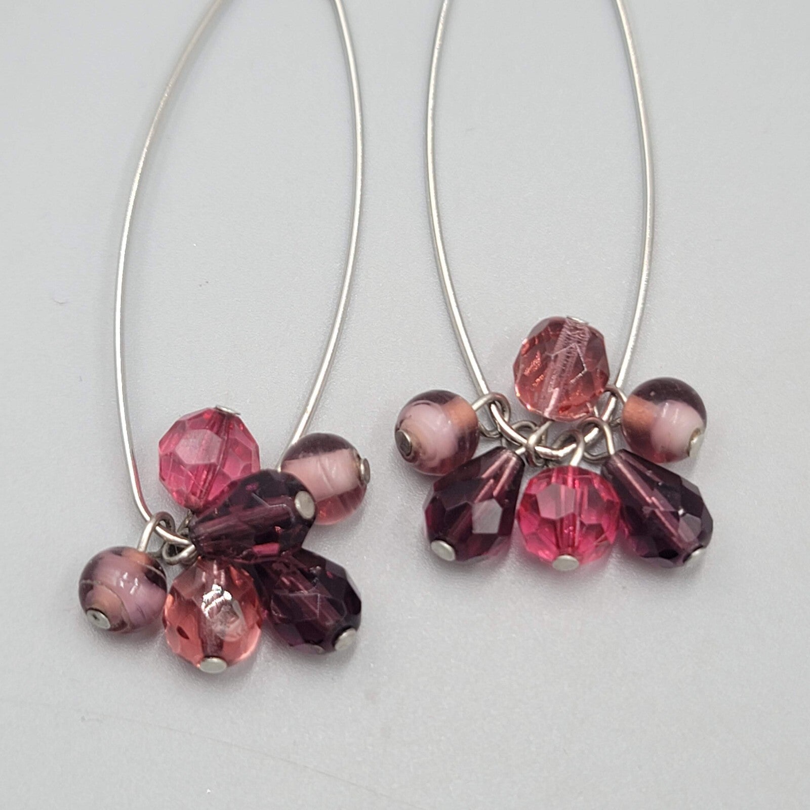Purple Bead Long Hoop Pierced Earrings Silver tone Dangle 2.25"