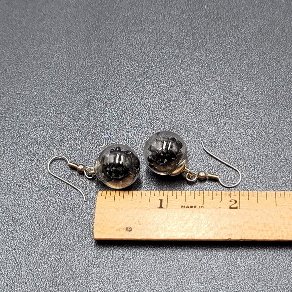 Pierced Earrings Silver tone Loose Black Rhinestones Filled Sphere Dangle 3/4"